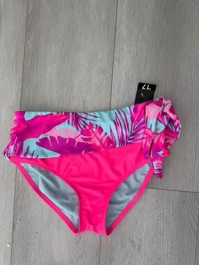 NWT WOMENS 1X plus size  swimsuit bottom 
vibrant pink - tropical trim tie